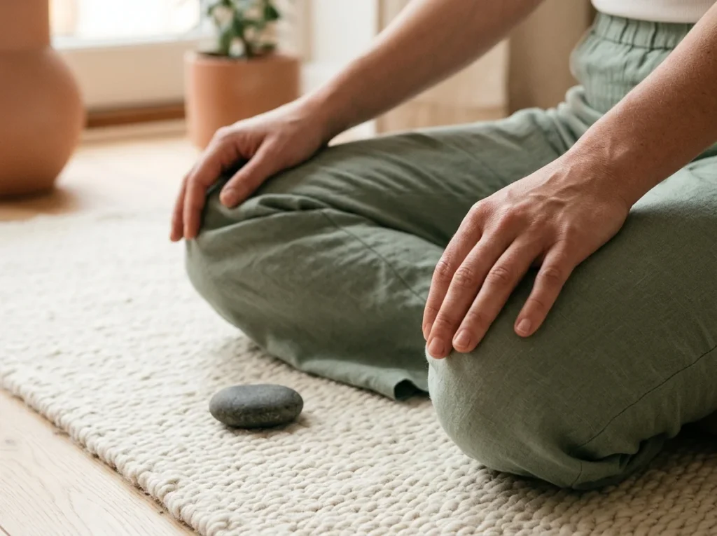 Förklarande bild med enkel nybörjarmeditation och praktiska vardagsföremål.