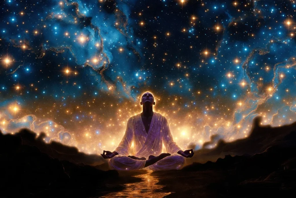 Person i djup meditativ stillhet under stjärnhimmel – 777 som symbol för andligt flöde och gudomlig förbindtelse