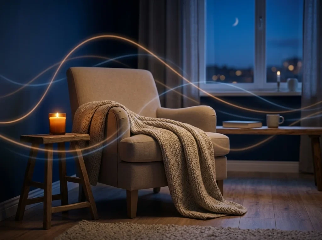 Förklarande bild med enkel meditation, närvaro och vardagligt lugn.