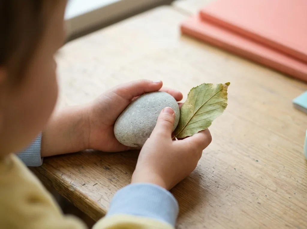 Förklarande bild med barnvänliga mindfulnessföremål i en lugn miljö.