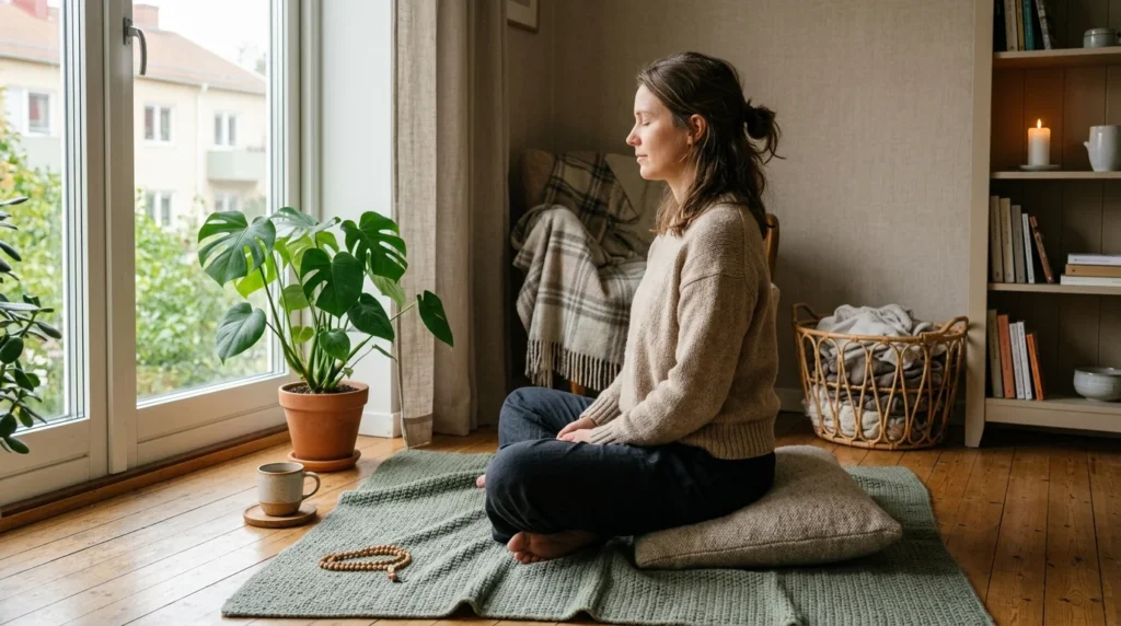 Förklarande bild med enkel meditation, närvaro och vardagligt lugn.
