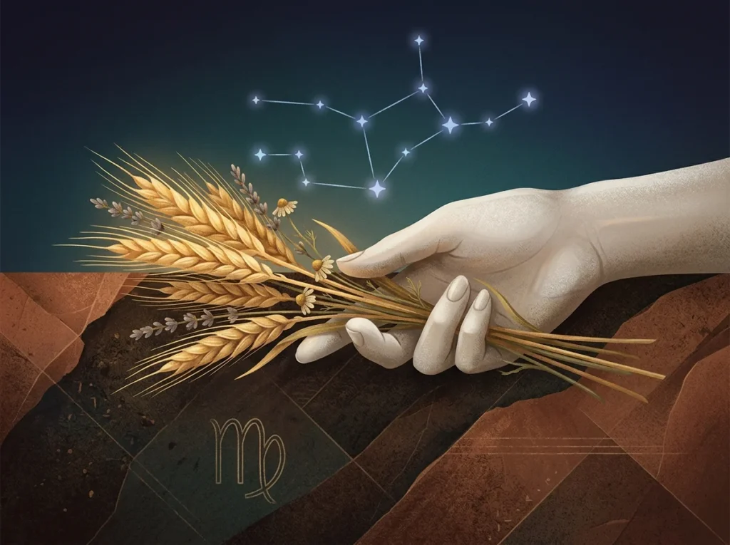Förklarande bild för Vad betyder Jungfrun? med stjärnhimmel, zodiaksymbolik och astrologisk stämning.