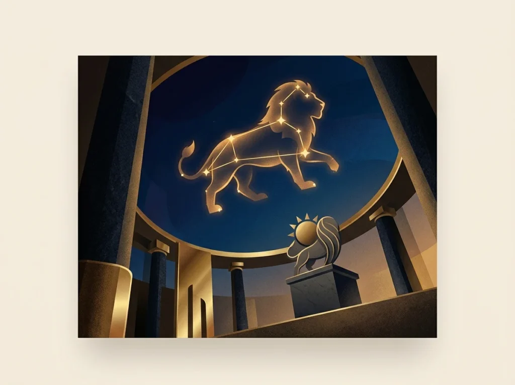 Förklarande bild för Vad betyder Lejonets stjärntecken? med stjärnhimmel, zodiaksymbolik och astrologisk stämning.