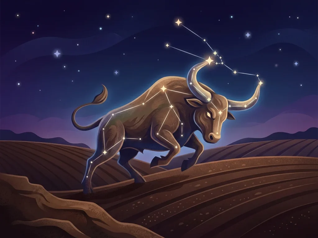 Förklarande bild för Vad betyder Oxen? med stjärnhimmel, zodiaksymbolik och astrologisk stämning.