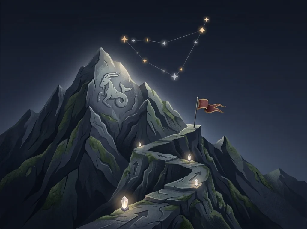 Förklarande bild för Vad betyder Stenbocken? med stjärnhimmel, zodiaksymbolik och astrologisk stämning.