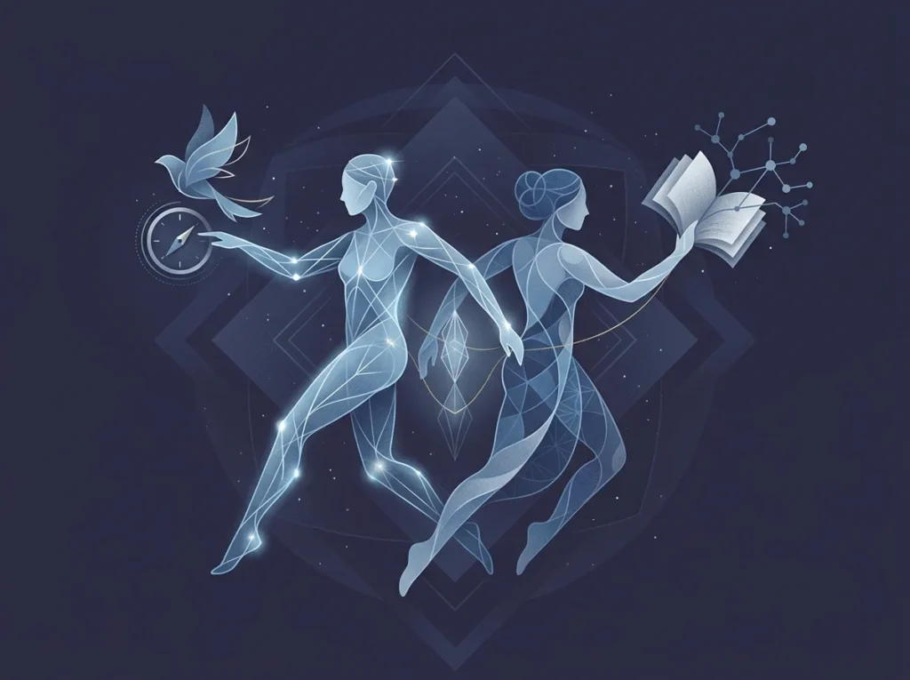 Förklarande bild för Vad betyder Tvillingarna? med stjärnhimmel, zodiaksymbolik och astrologisk stämning.