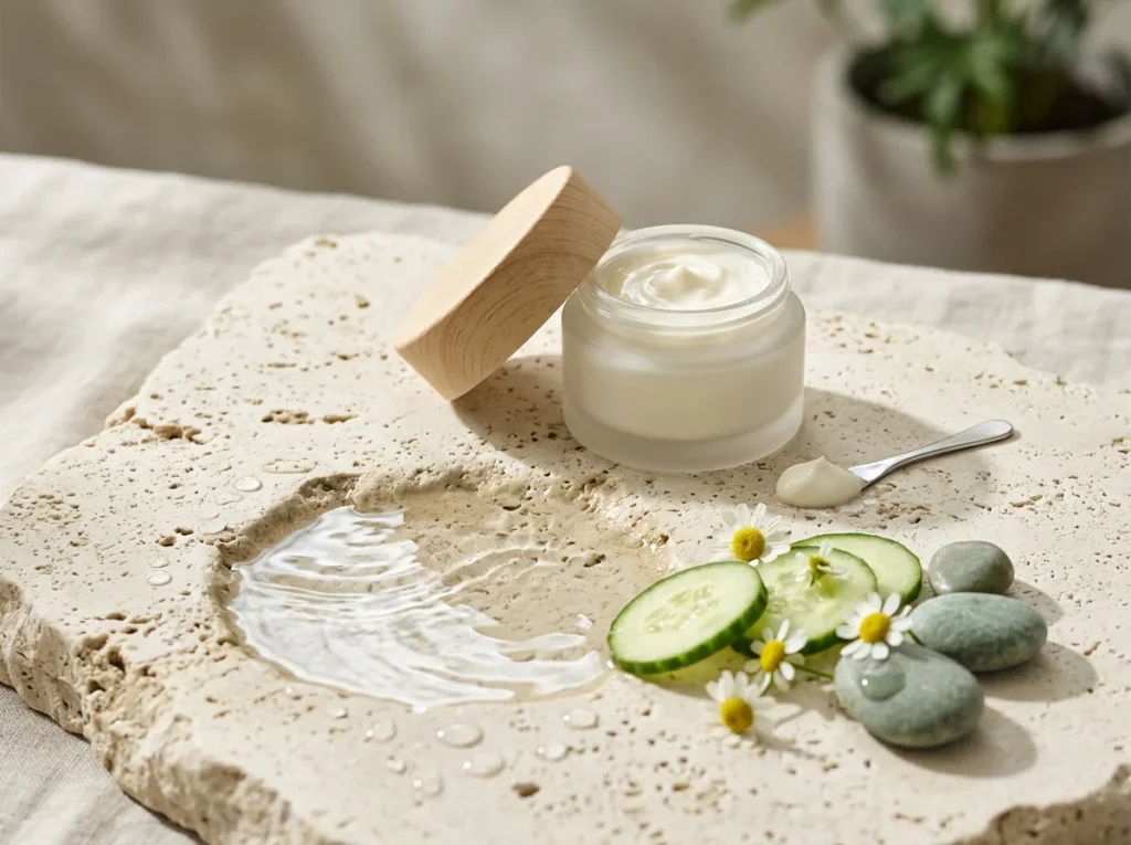 Förklarande bild för Collagen creme med naturliga detaljer, hudvård och välmående.