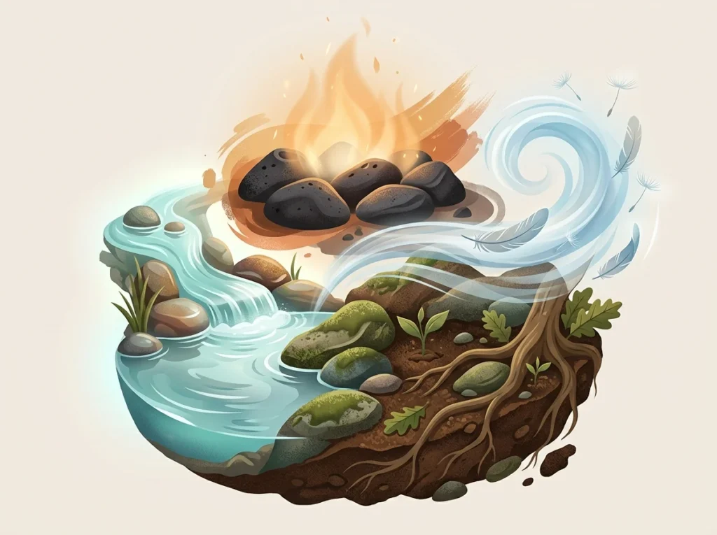 Förklarande bild för Upptäck ditt element: en personlig guide med naturens element och symbolisk balans.
