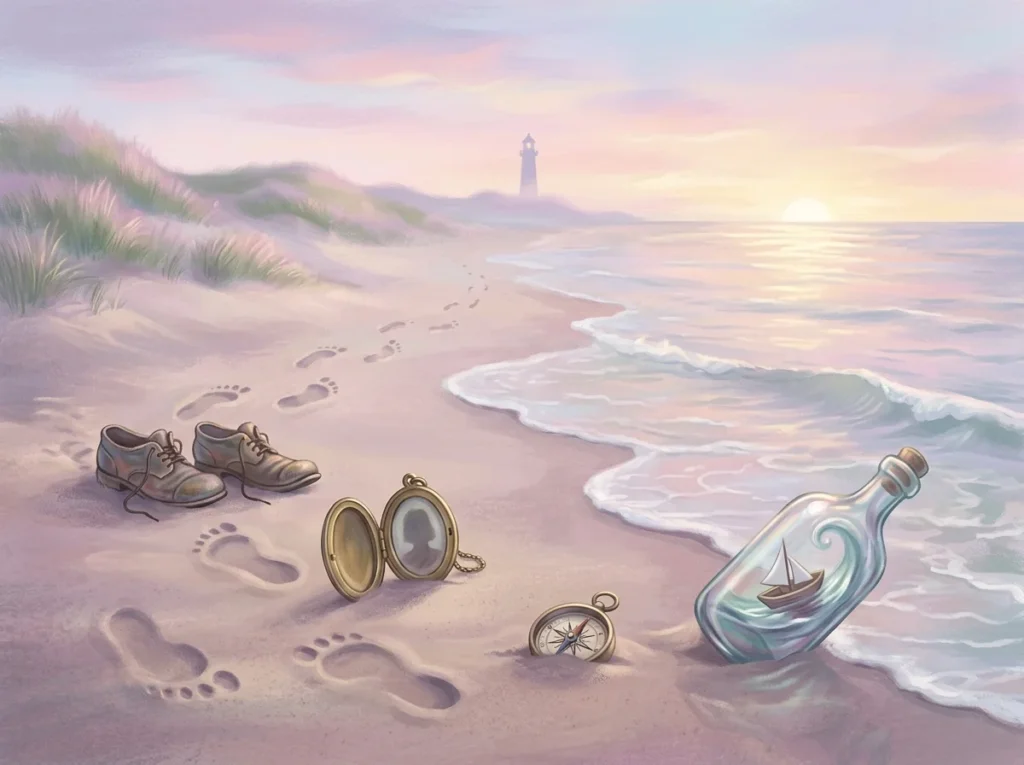 Förklarande bild för Vad betyder det att drömma om stranden? med drömlik symbolik och mjukt surrealistiskt ljus.