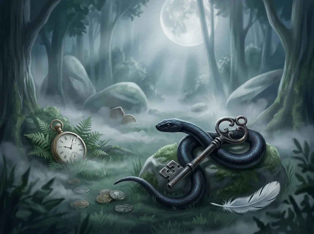 Förklarande bild för Vad innebär det att se en orm attackera i en dröm? med drömlik symbolik och mjukt surrealistiskt ljus.