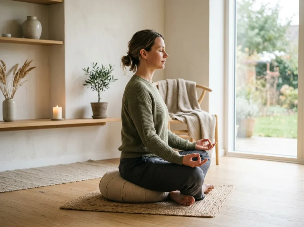 Person som sitter ergonomiskt på meditationskudde med avslappnade axlar.