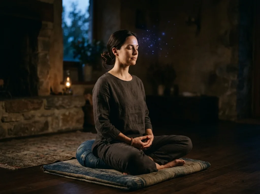 Meditativ person i mörk bakgrund med fokus på tredje ögat.