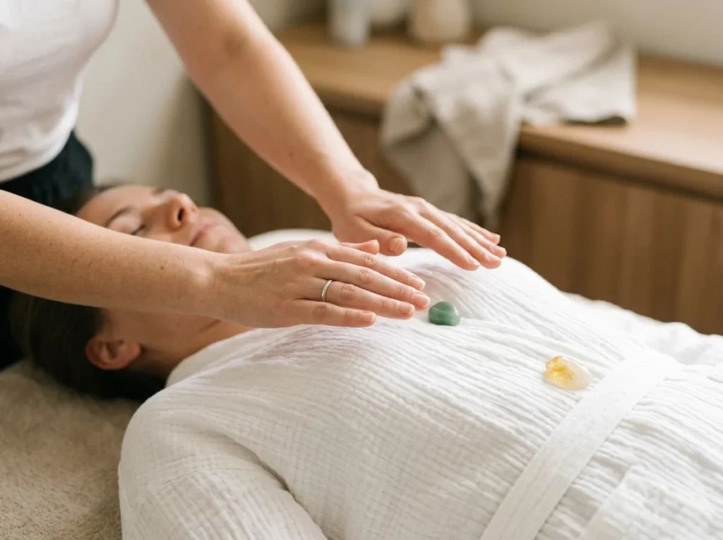 Närbild av händer över kroppens energipunkter under chakramassage.