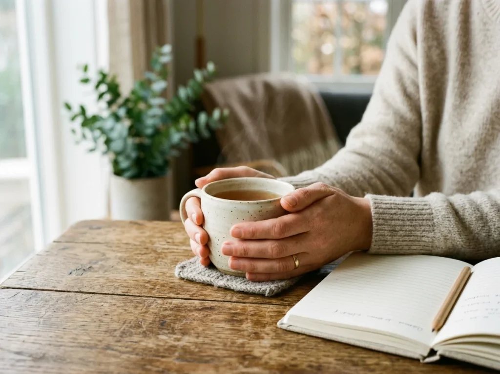 Närbild av händer, tekopp och lugn andning under en mindfulness-stund.