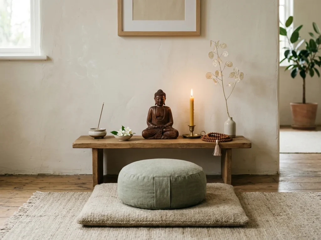 Meditationskudde, radband och låg altarplats i enkel buddhistisk miljö.