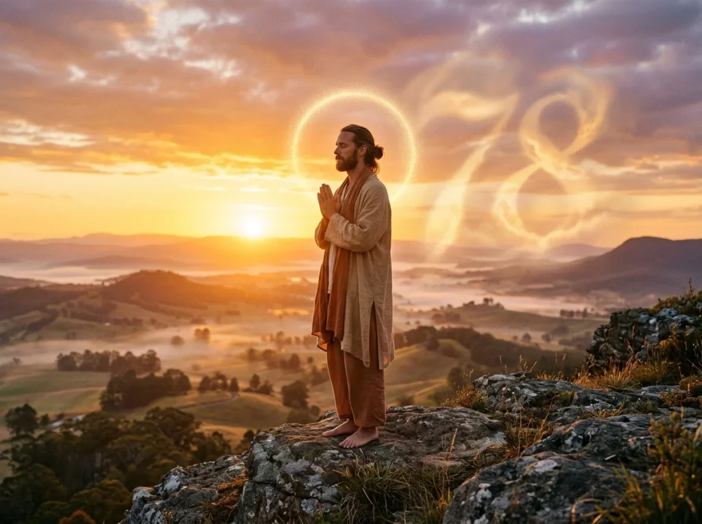 Meditativ figur med mjukt gyllene ljus och diskret 78-symbolik.