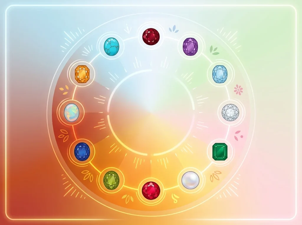 Tolv gemstone-symboler i säsongsfärger som representerar månadsstenar månad för månad