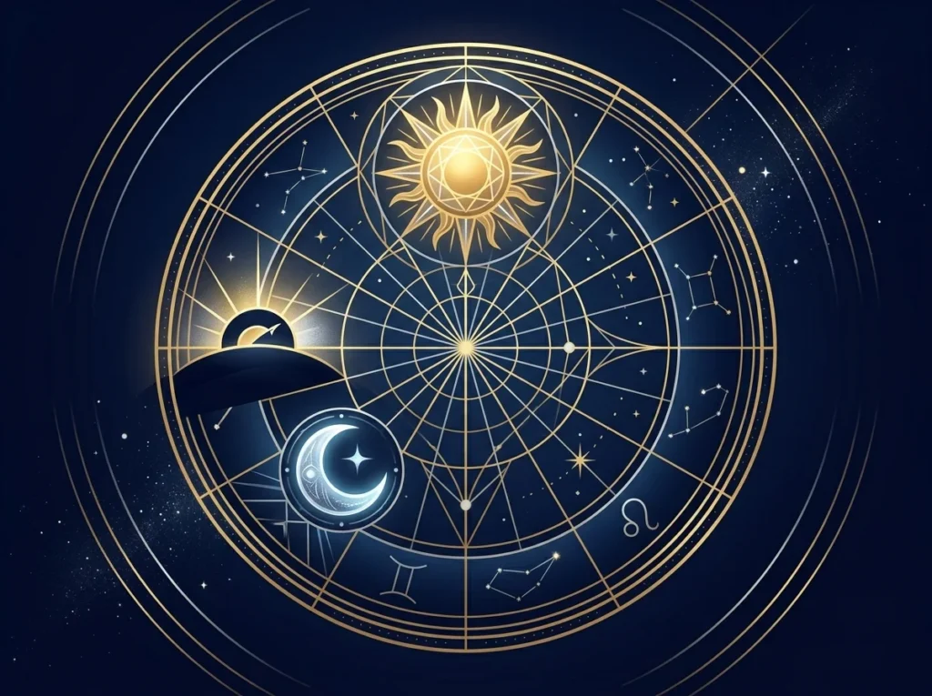Sol, måne och horisontsymbol i en horoskopcirkel som visar skillnaden mellan astrologiska tecken