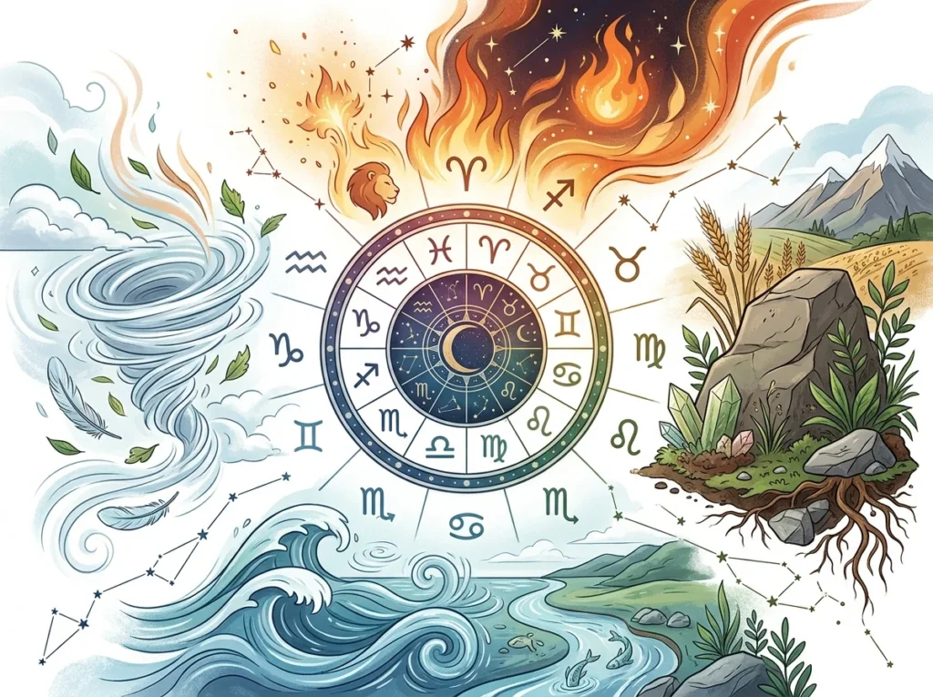 Eld, sten, luftspiral och vattenvåg runt en zodiakcirkel som symboliserar stjärntecknens element