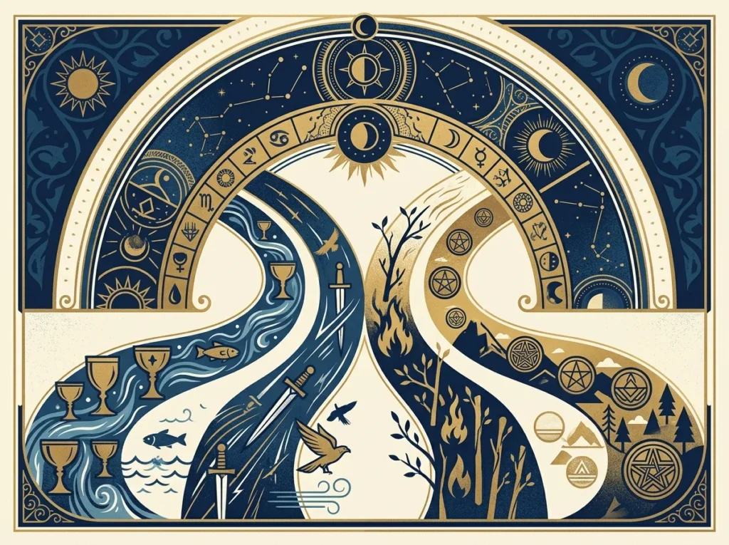 En stor båge och fyra mindre symbolgrupper som representerar stora och lilla arkanan i tarot
